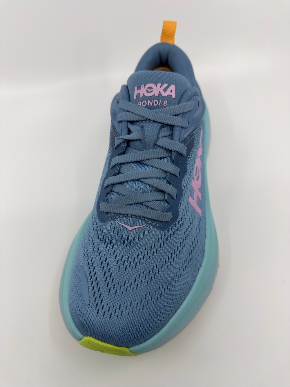 Hoka Women's Bondi 8 Shadow/Dusk blue colorway with pink and lime green details. - Picture 6 of 9